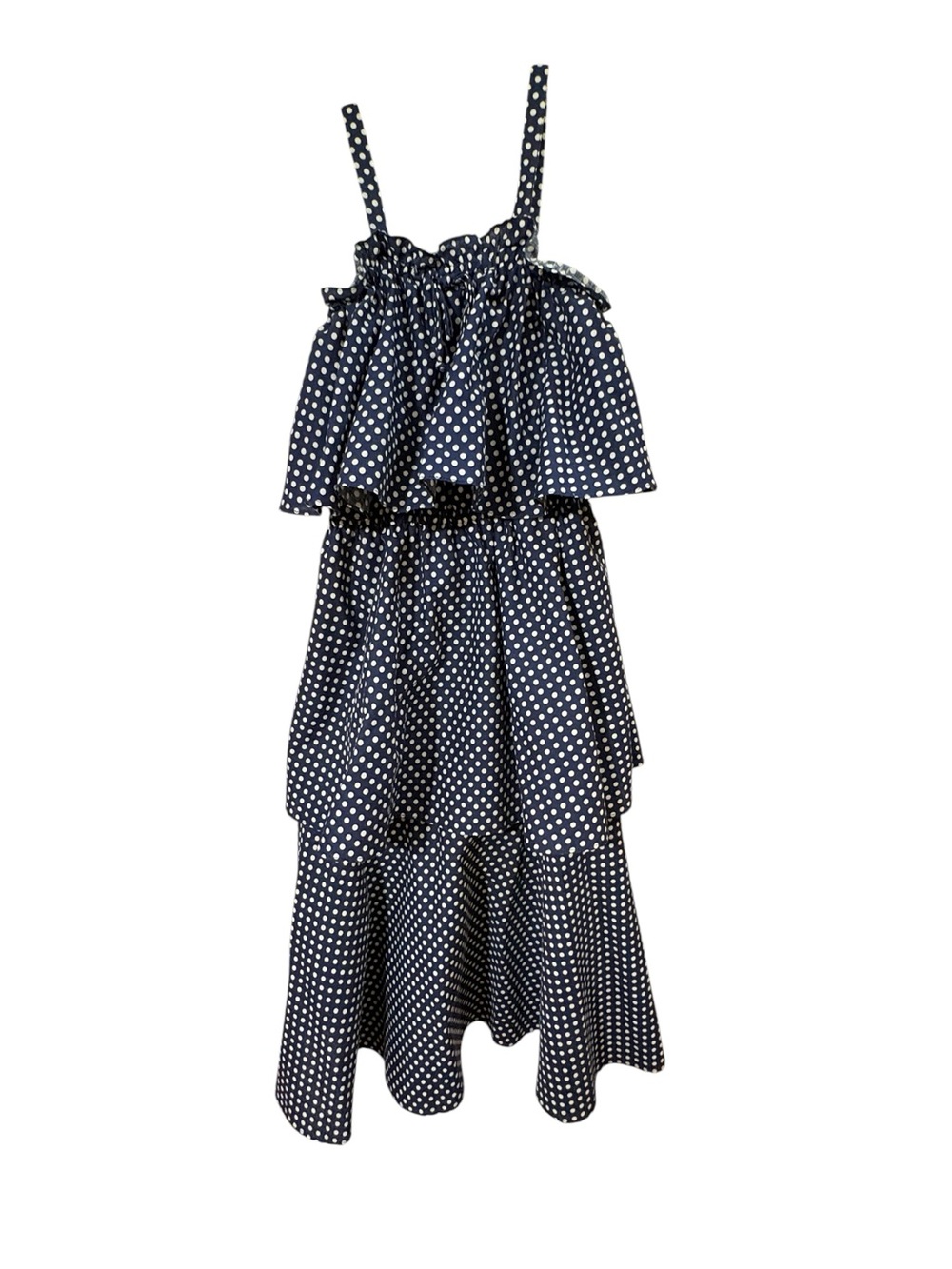 Vintage JCPenney Polka Dot Tiered Midi Dress Prairie Cottagecore Navy
